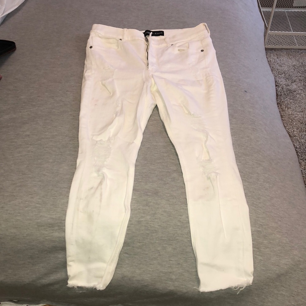 Express Distressed High Waisted  White Ankle Jeans